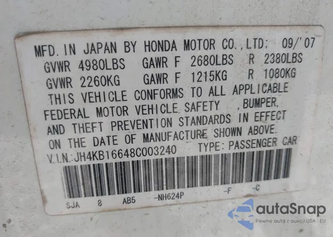 2008 Acura Rl 3.5 z USA, uszkodzony, nr VIN JH4KB16648C003240